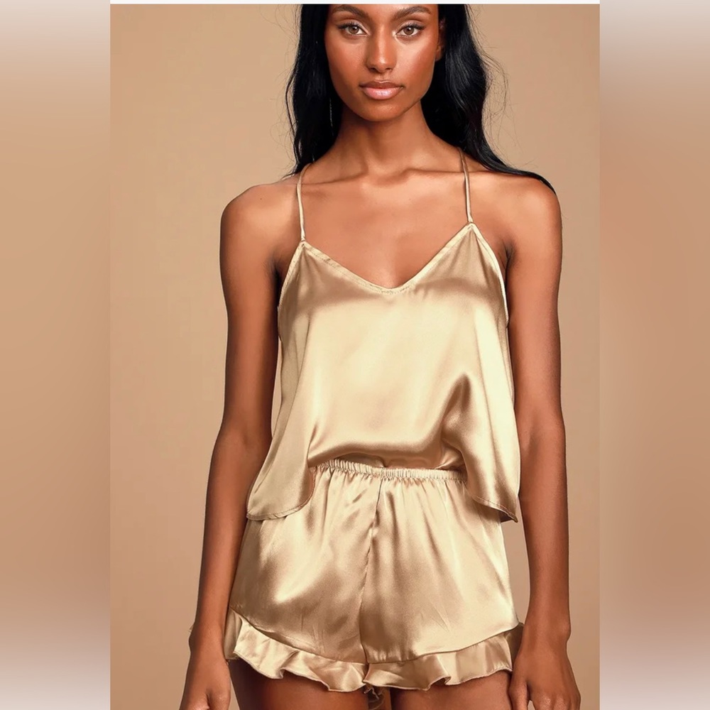 NWT Lulu’s Sweetest Dreams Gold Satin Ruffled Two Piece Pajama Set